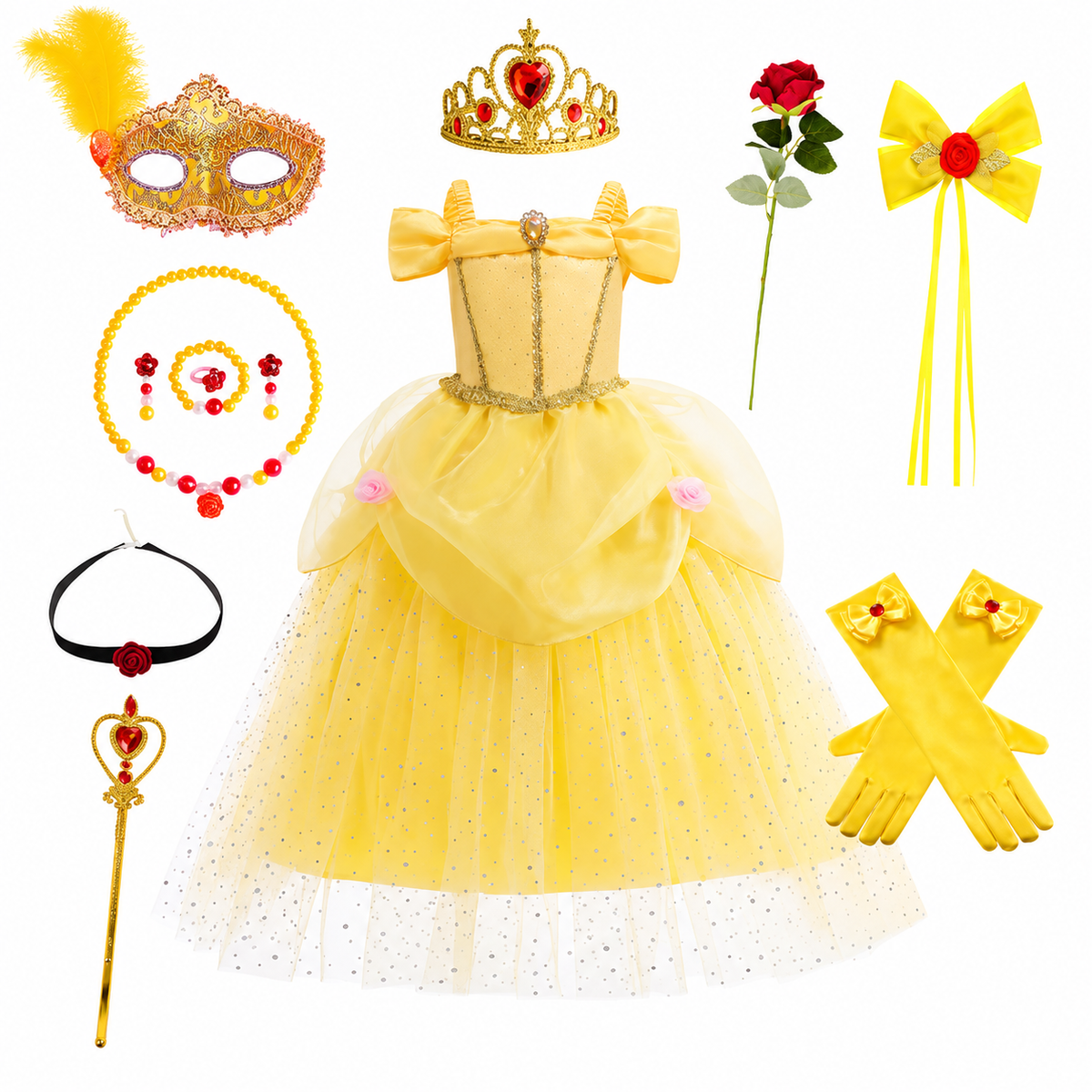 Girls' Halloween Princess Costume with Accessories Set Dress Up Games Yellow Gown - Image 16