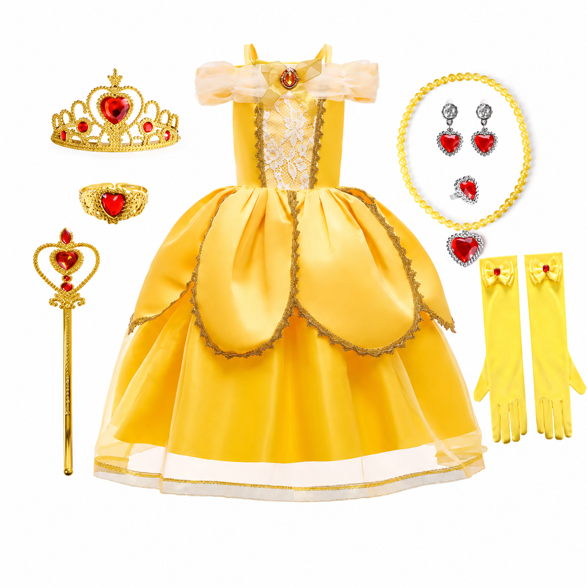 Girls' Halloween Princess Costume with Accessories Set Dress Up Games Yellow Gown - Image 2