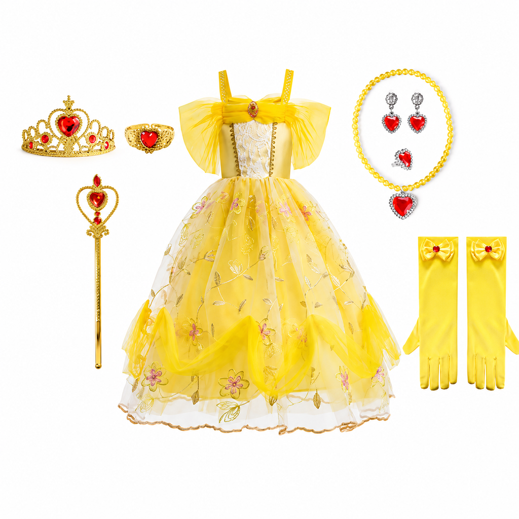 Girls' Halloween Princess Costume with Accessories Set Dress Up Games Yellow Gown - Image 3