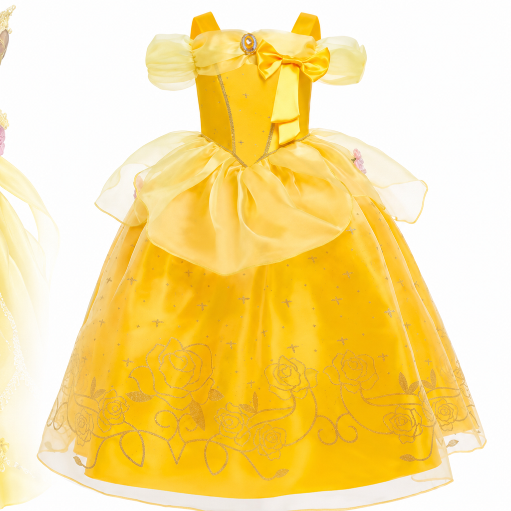 Girls' Halloween Princess Costume with Accessories Set Dress Up Games Yellow Gown - Image 5