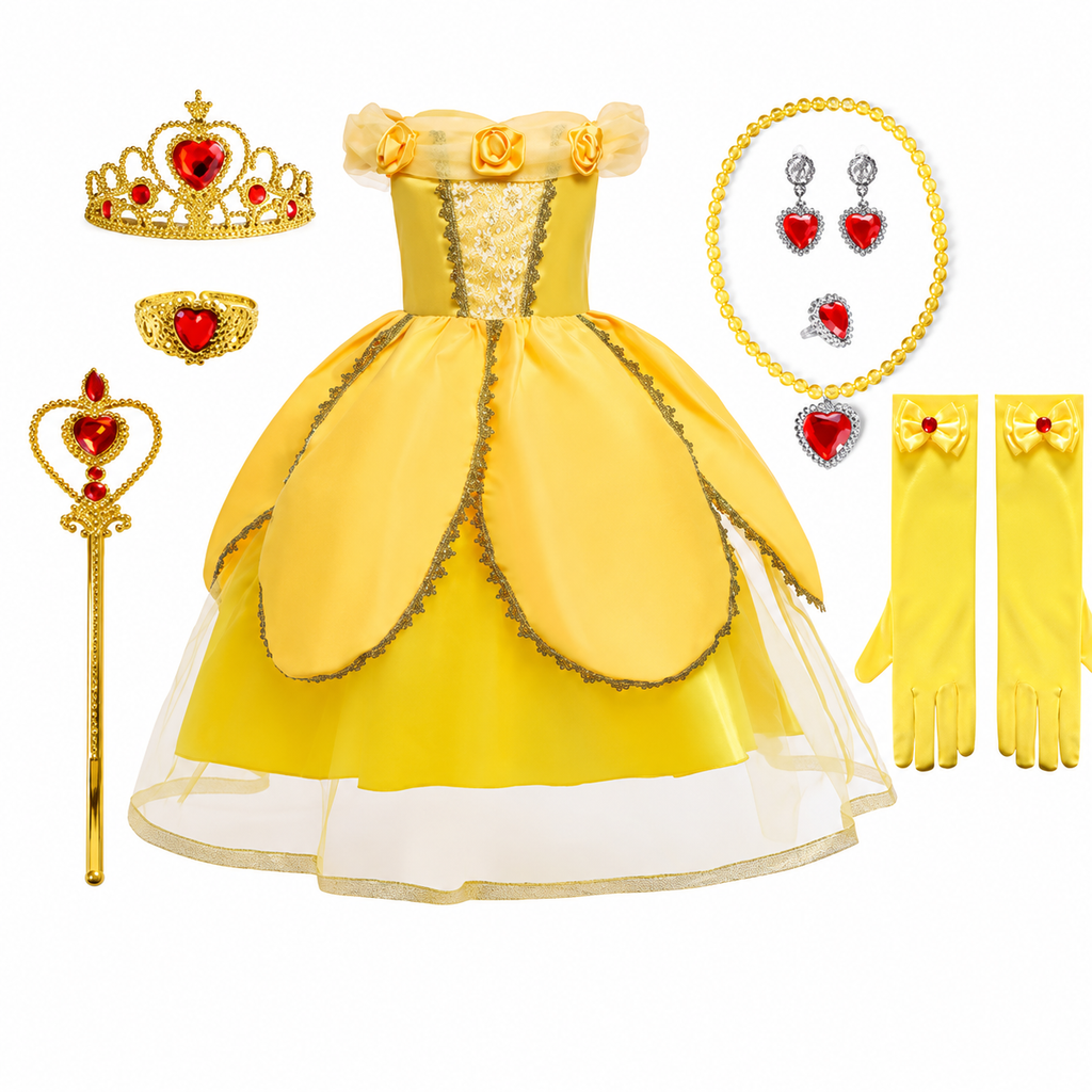 Girls' Halloween Princess Costume with Accessories Set Dress Up Games Yellow Gown - Image 6
