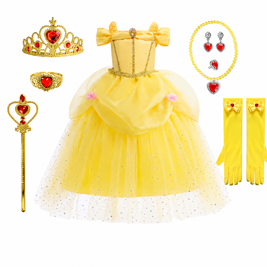 Girls' Halloween Princess Costume with Accessories Set Dress Up Games Yellow Gown - Image 9