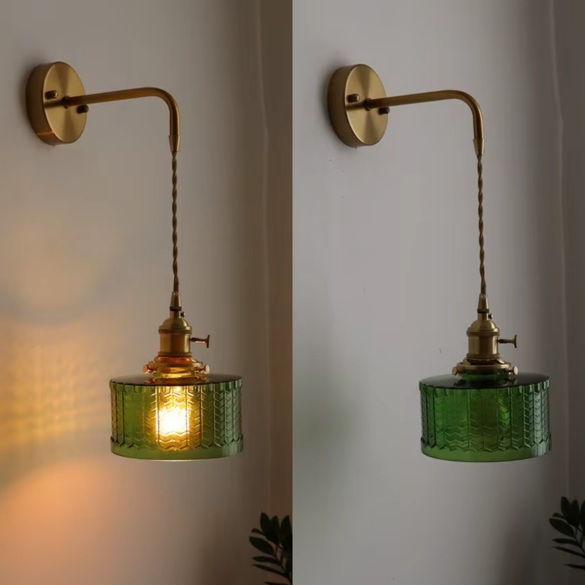 Glass Wall Sconce with Textured Ribbed Shade and Aged Brass Arm - Image 1