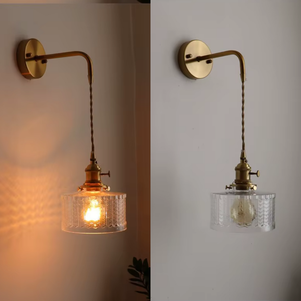 Glass Wall Sconce with Textured Ribbed Shade and Aged Brass Arm - Image 2