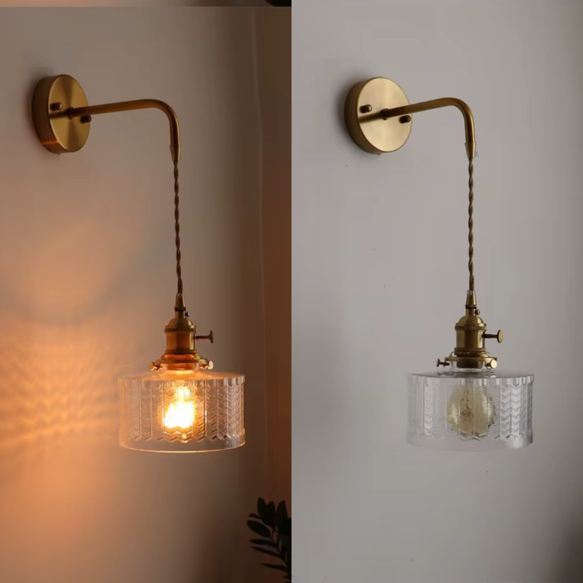 Glass Wall Sconce with Textured Ribbed Shade and Aged Brass Arm - Image 2