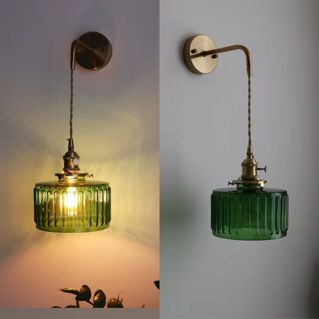 Glass Wall Sconce with Textured Ribbed Shade and Aged Brass Arm - Image 3
