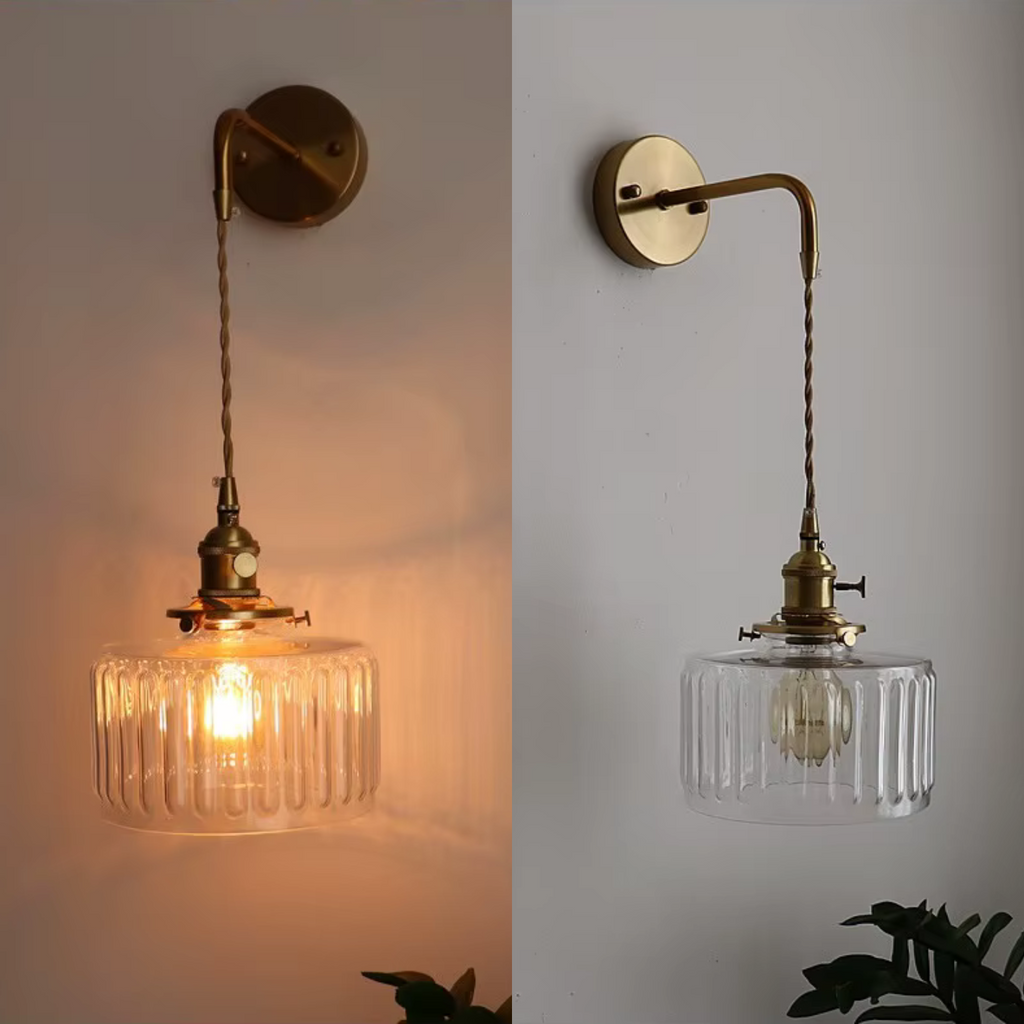 Glass Wall Sconce with Textured Ribbed Shade and Aged Brass Arm - Image 4