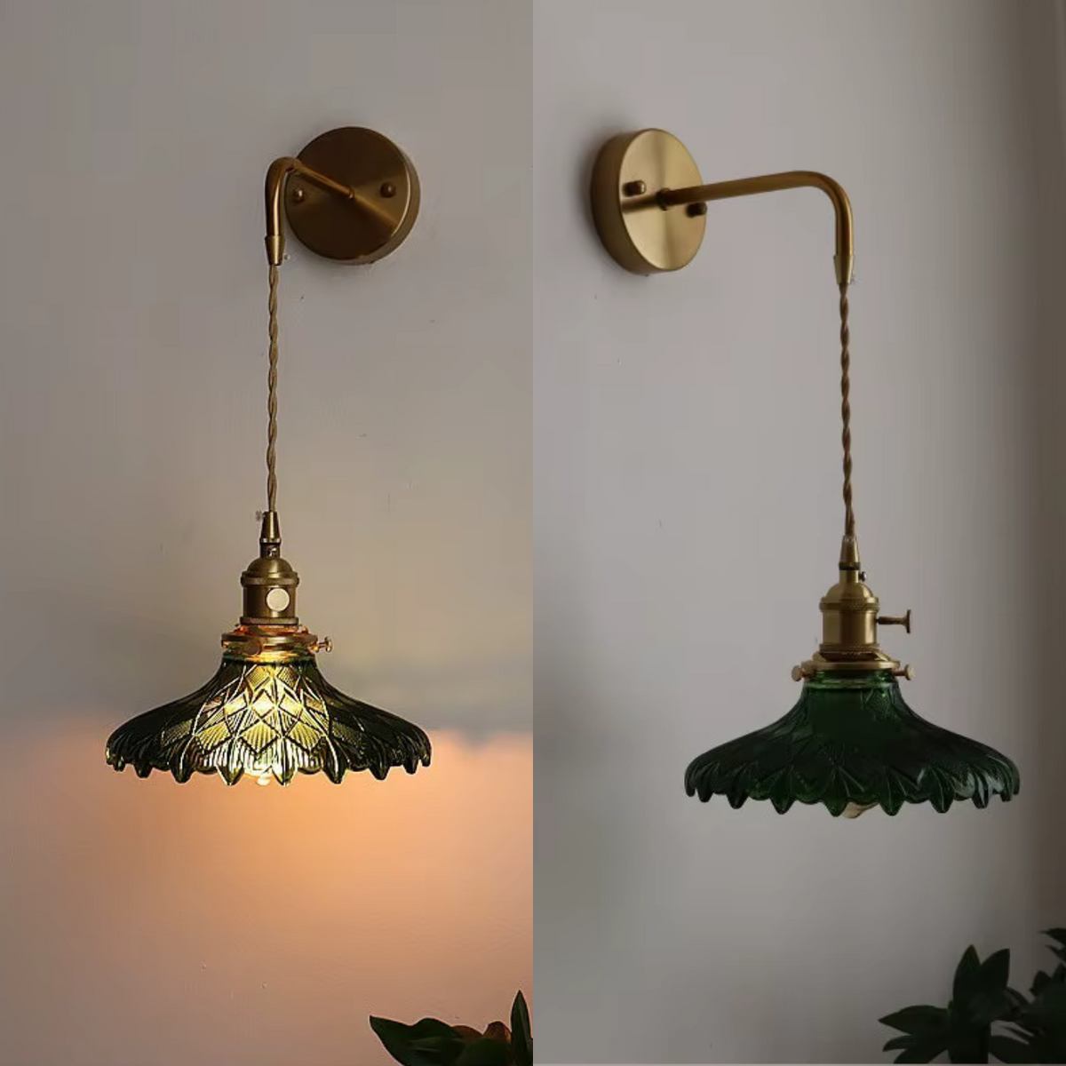 Glass Wall Sconce with Textured Ribbed Shade and Aged Brass Arm - Image 5