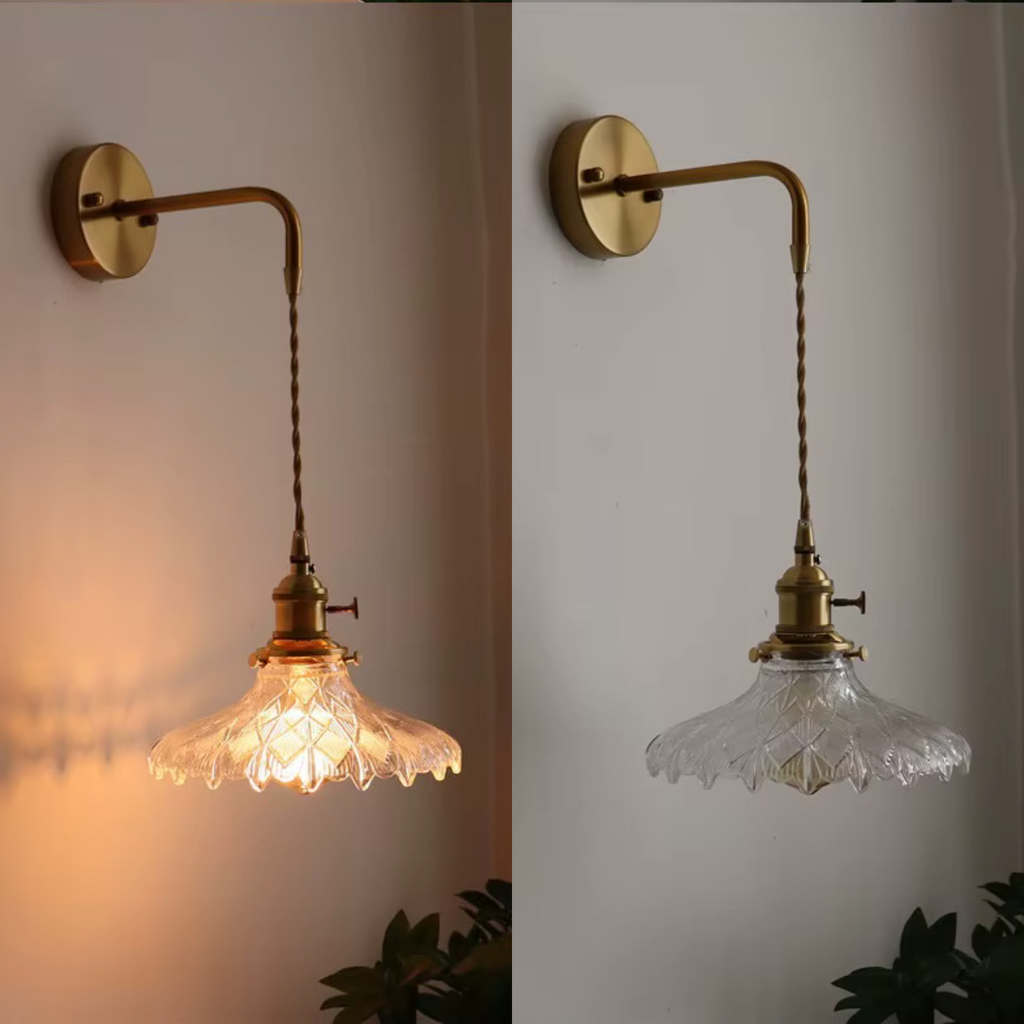 Glass Wall Sconce with Textured Ribbed Shade and Aged Brass Arm - Image 6