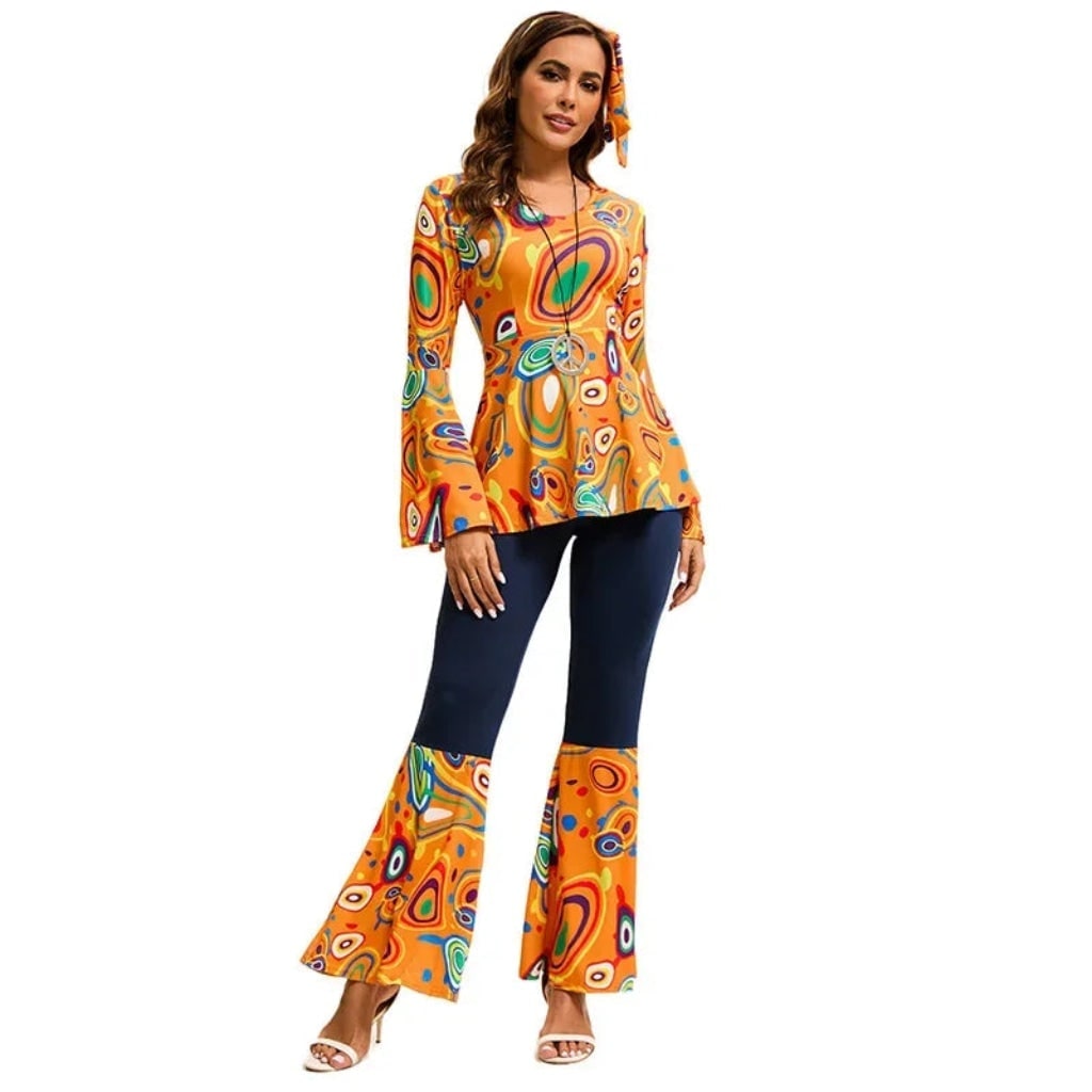Halloween 1970s Hippie Costume with Bell Bottoms and Psychedelic Print Three-Piece Set - Image 1
