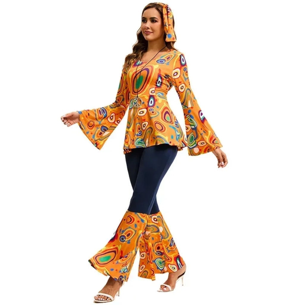 Halloween 1970s Hippie Costume with Bell Bottoms and Psychedelic Print Three-Piece Set - Image 2