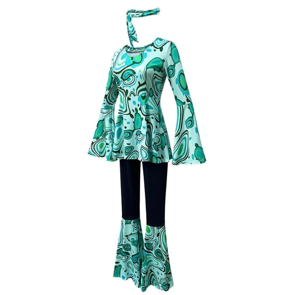 Halloween 1970s Hippie Costume with Bell Bottoms and Psychedelic Print Three-Piece Set - Image 3