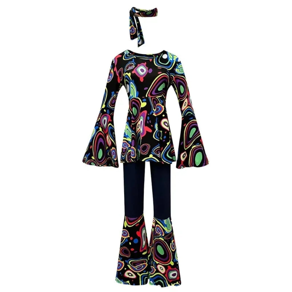 Halloween 1970s Hippie Costume with Bell Bottoms and Psychedelic Print Three-Piece Set - Image 4