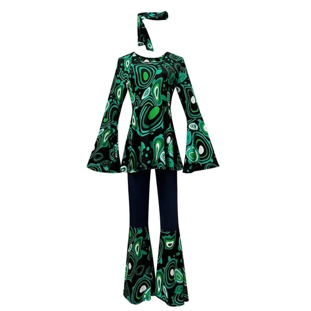 Halloween 1970s Hippie Costume with Bell Bottoms and Psychedelic Print Three-Piece Set - Image 5