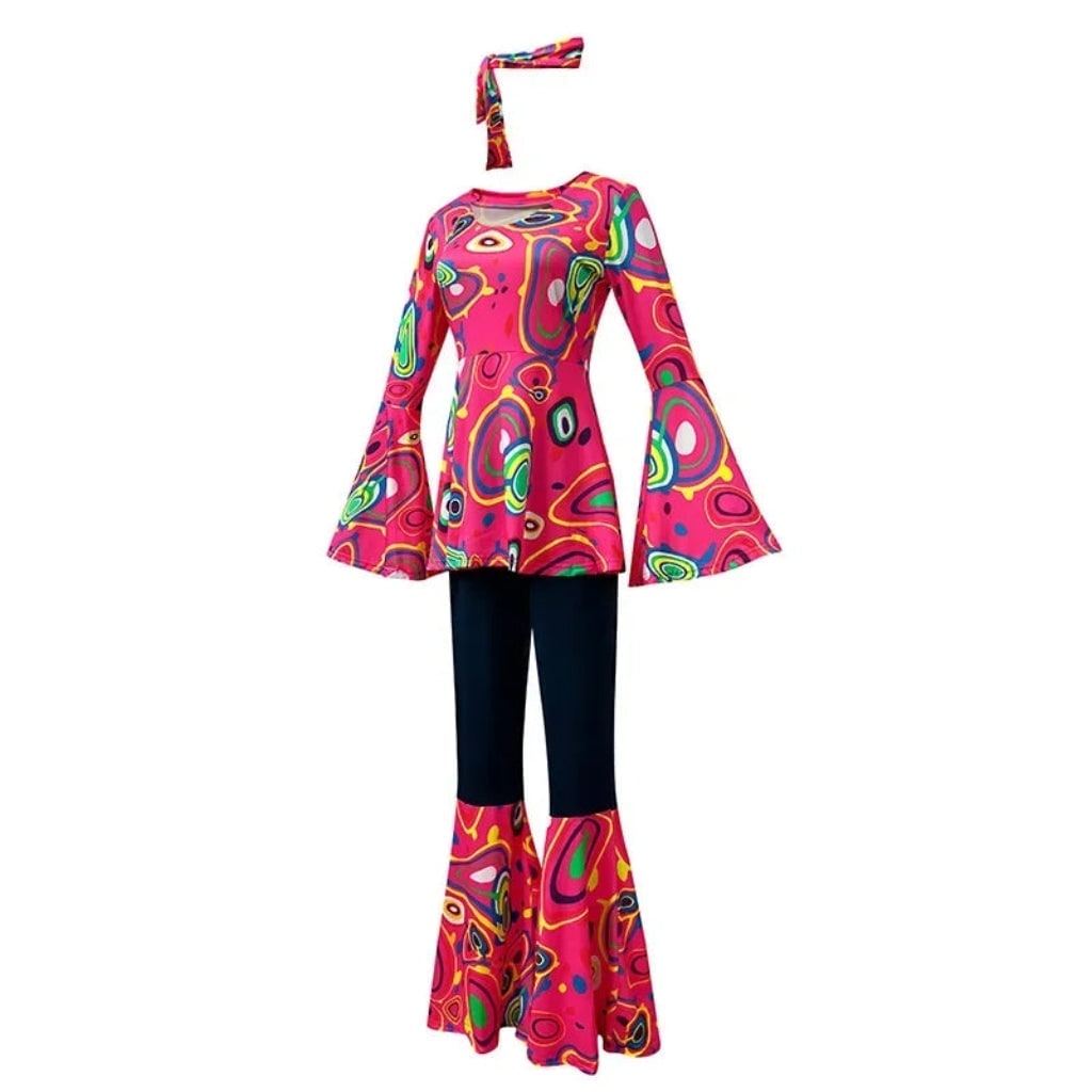 Halloween 1970s Hippie Costume with Bell Bottoms and Psychedelic Print Three-Piece Set - Image 6