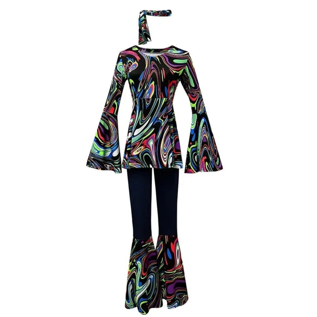 Halloween 1970s Hippie Costume with Bell Bottoms and Psychedelic Print Three-Piece Set - Image 7