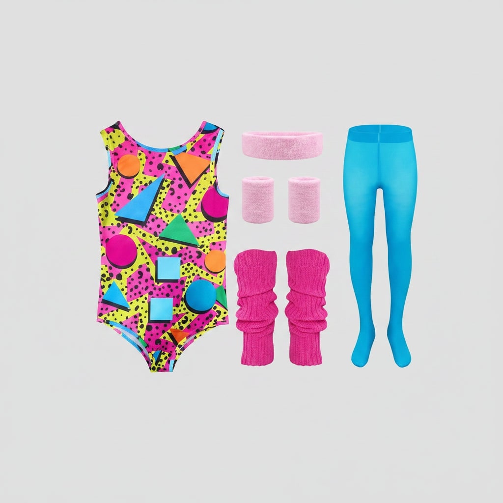 Halloween 80s Costume Party Outfit Aerobics Leotard with Leg Warmers Headband and Wristbands - Image 1