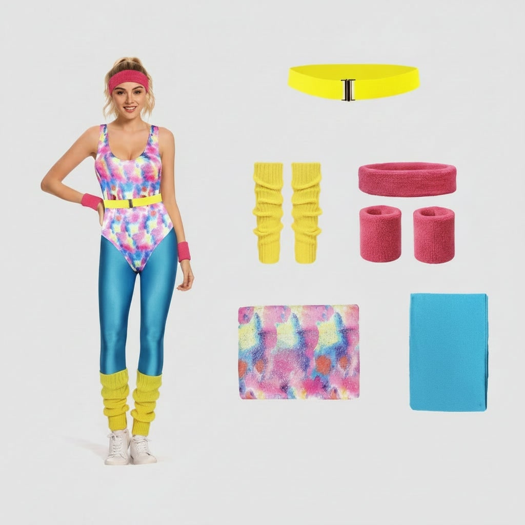 Halloween 80s Costume Party Outfit Aerobics Leotard with Leg Warmers Headband and Wristbands - Image 3