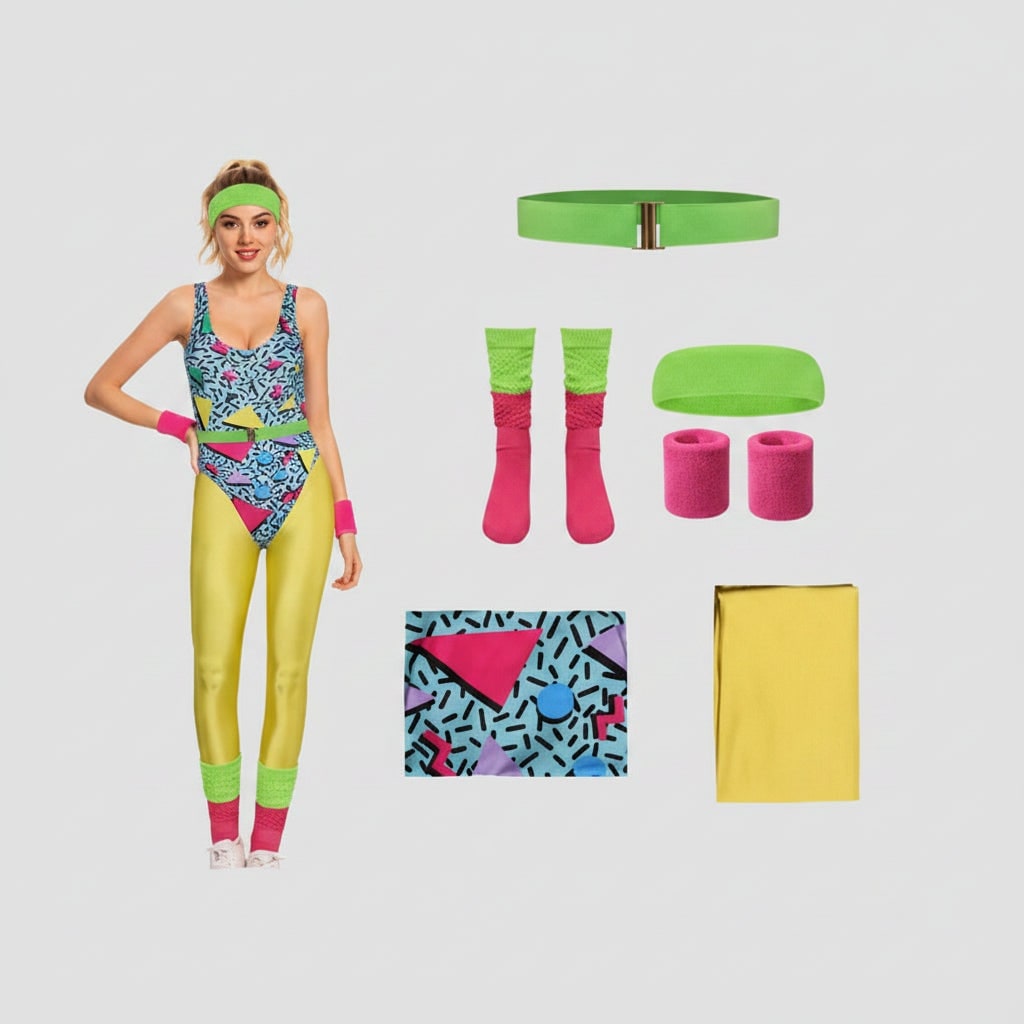 Halloween 80s Costume Party Outfit Aerobics Leotard with Leg Warmers Headband and Wristbands - Image 4