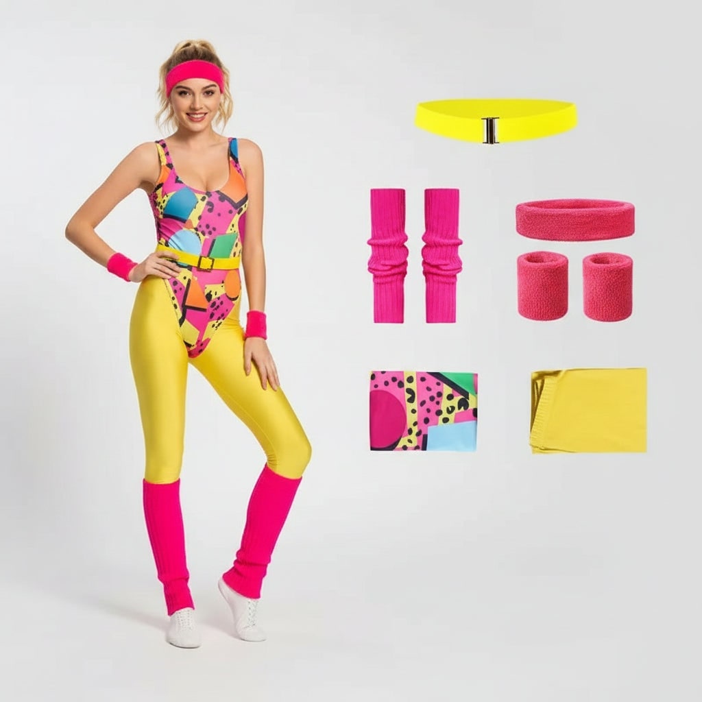 Halloween 80s Costume Party Outfit Aerobics Leotard with Leg Warmers Headband and Wristbands - Image 6