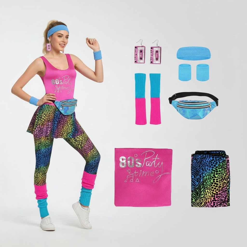 Halloween 80s Costume Party Outfit Aerobics Leotard with Leg Warmers Headband and Wristbands - Image 8