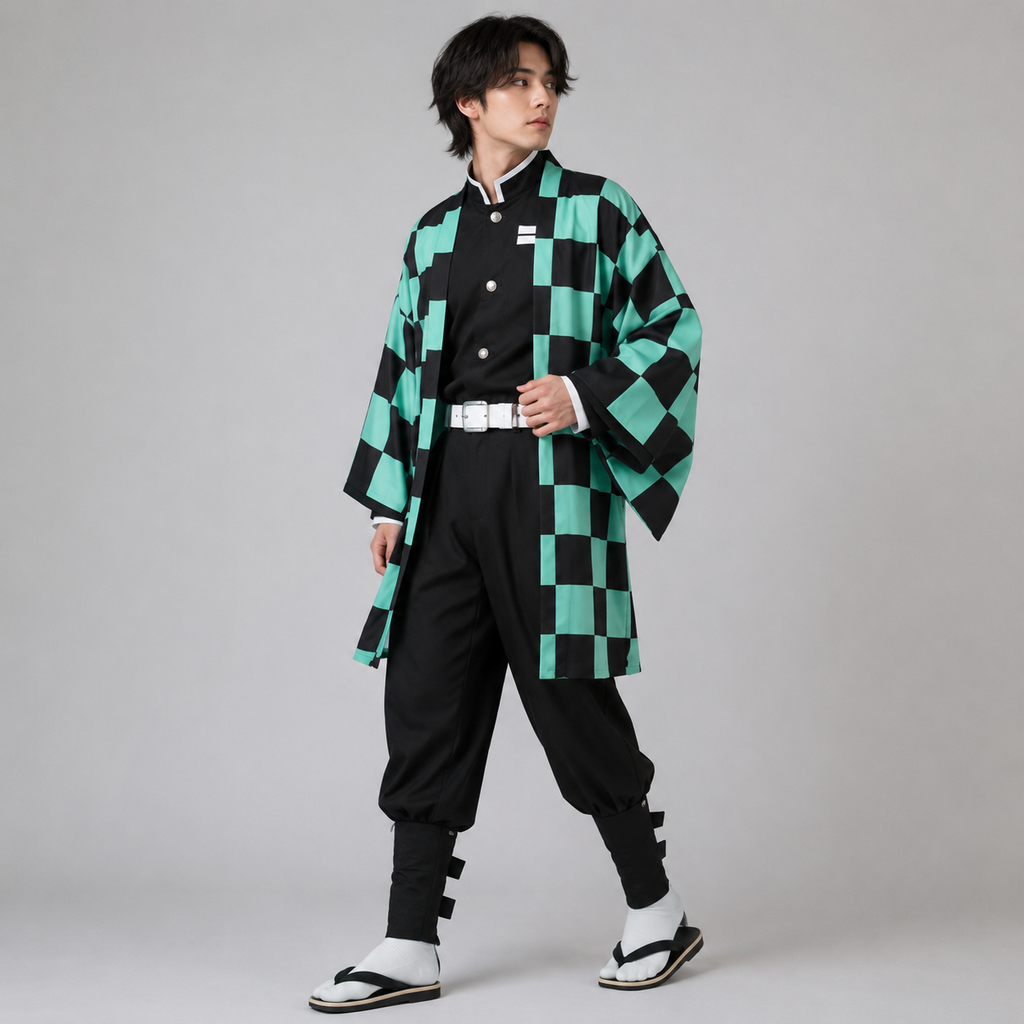 Halloween Anime Cosplay Costume with Checkered Haori Wig and Fox Mask for Character Party - Image 1