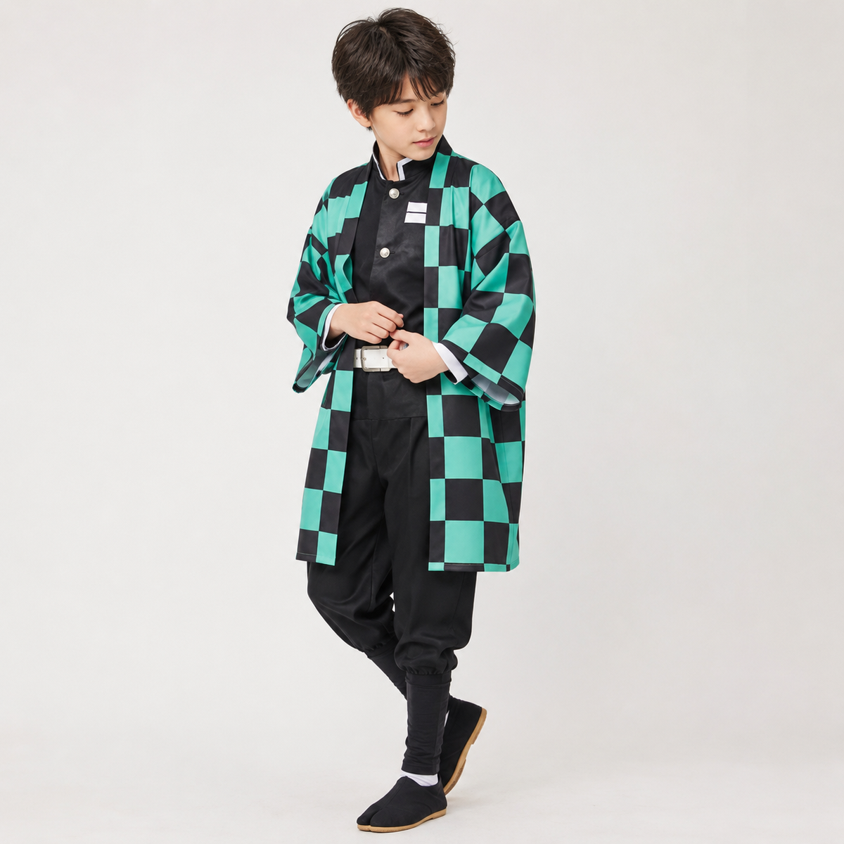 Halloween Anime Cosplay Costume with Checkered Haori Wig and Fox Mask for Character Party - Image 2
