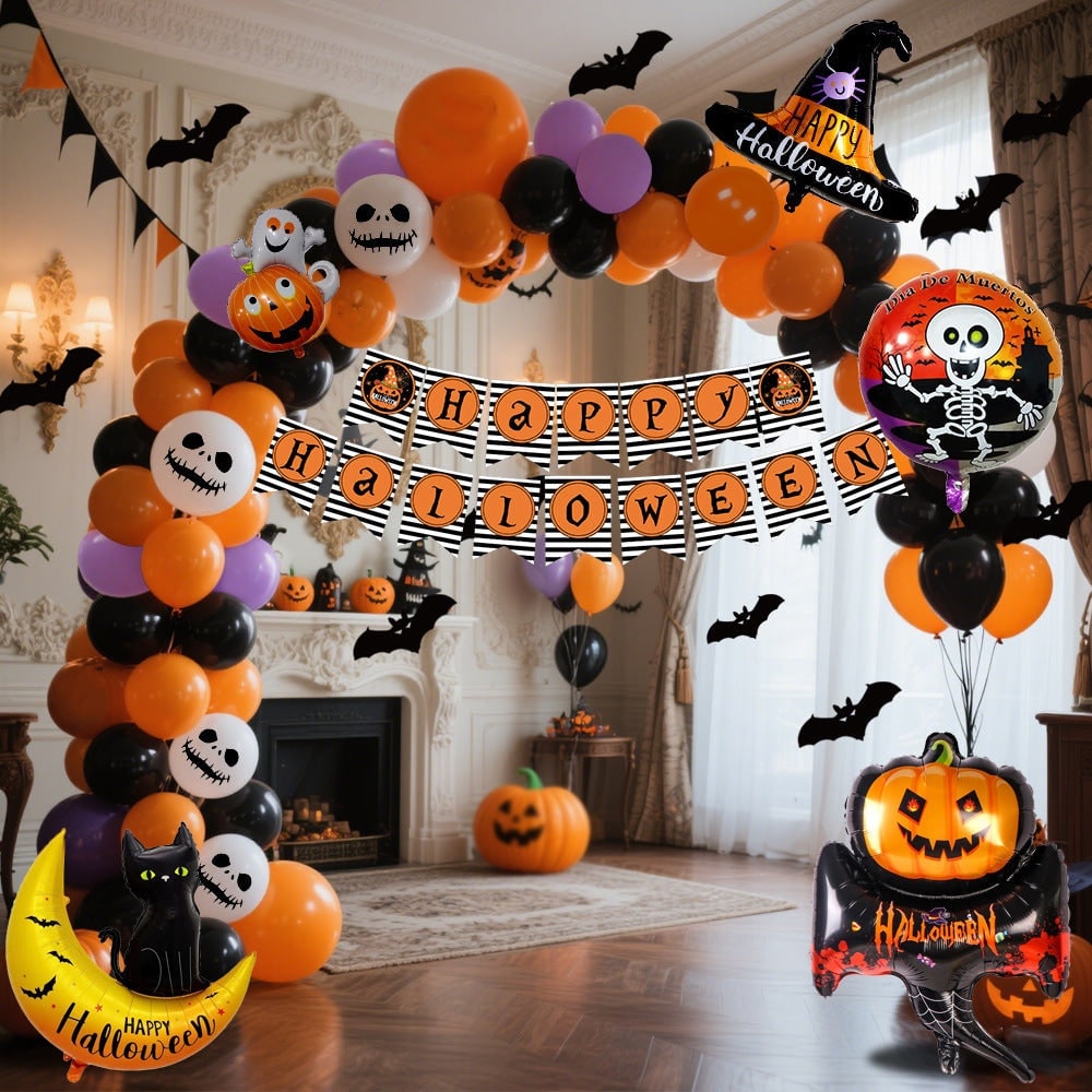 Halloween Balloon Arch Kit with Foil and Latex Garland Tape Banner and Bat Decals - Image 3