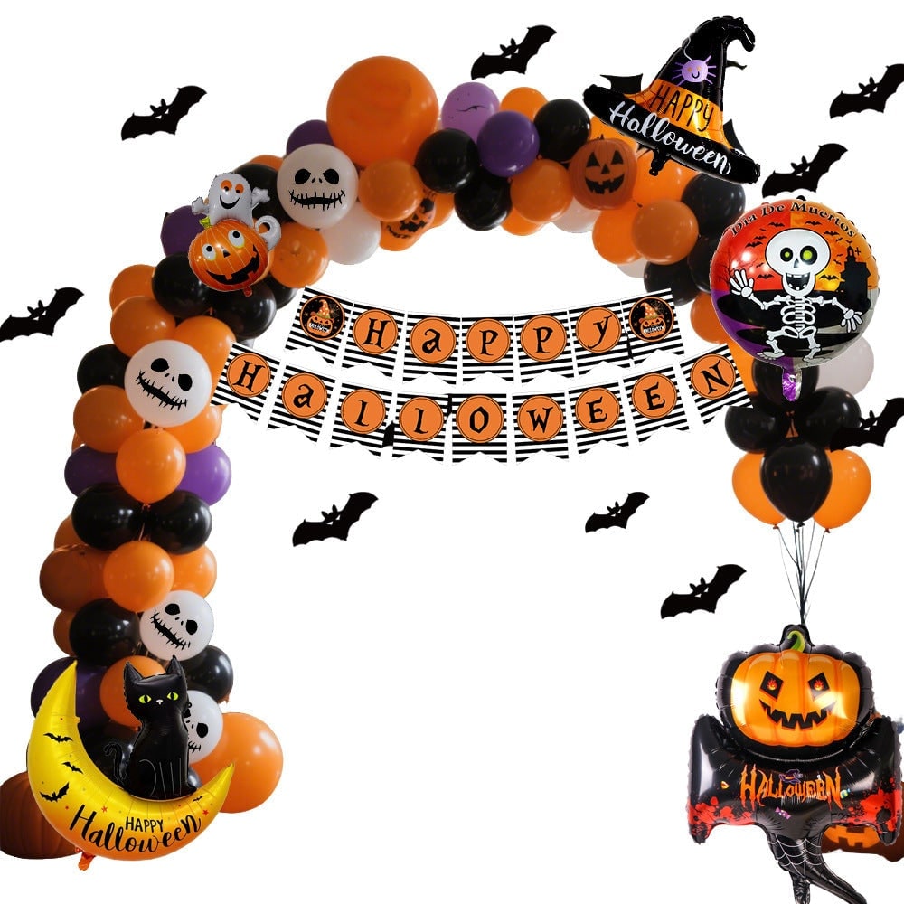 Halloween Balloon Arch Kit with Foil and Latex Garland Tape Banner and Bat Decals - Image 4