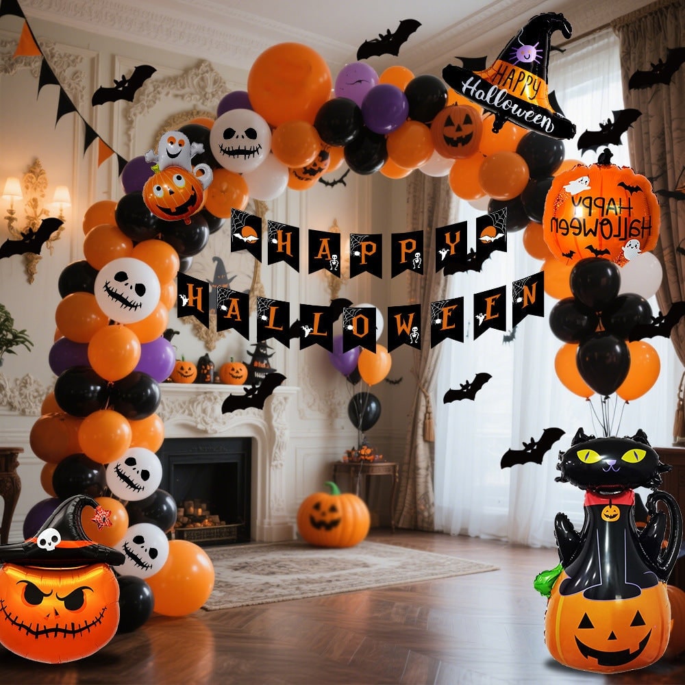 Halloween Balloon Arch Kit with Foil and Latex Garland Tape Banner and Bat Decals - Image 6