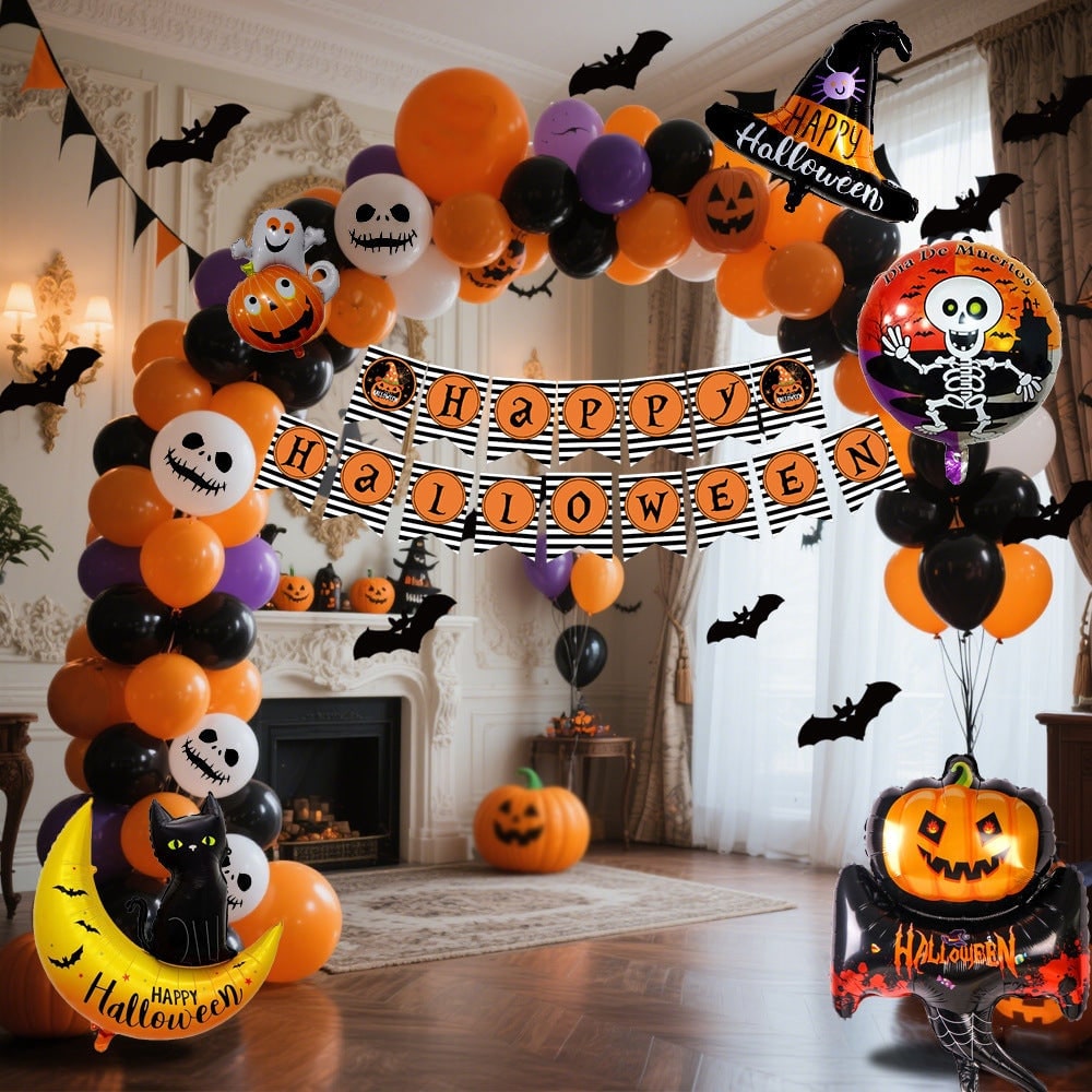 Halloween Balloon Arch Kit with Foil and Latex Garland Tape Banner and Bat Decals - Image 7