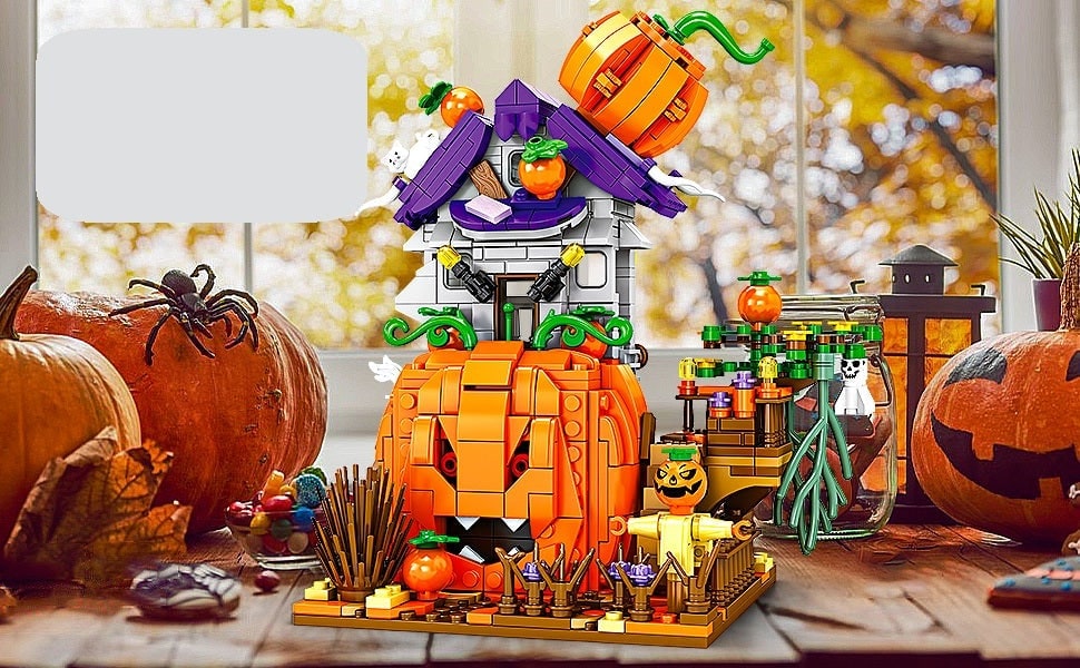 Halloween Building Blocks Construction Set with Pumpkin House and Ghost Figures for Kids - Image 1