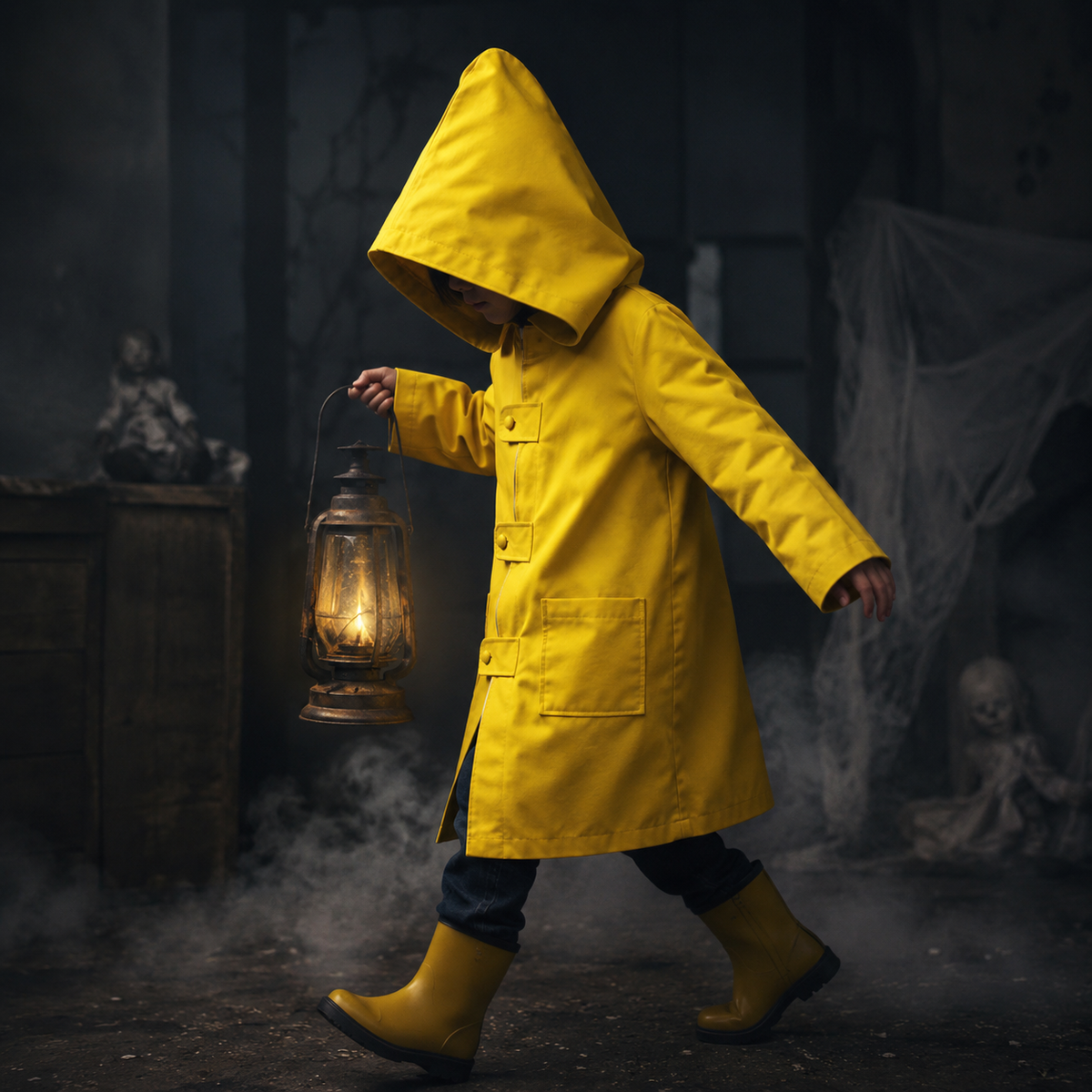 Halloween Cosplay Costume Yellow Raincoat Jacket with Oversized Pointed Hood and Front Zipper - Image 1