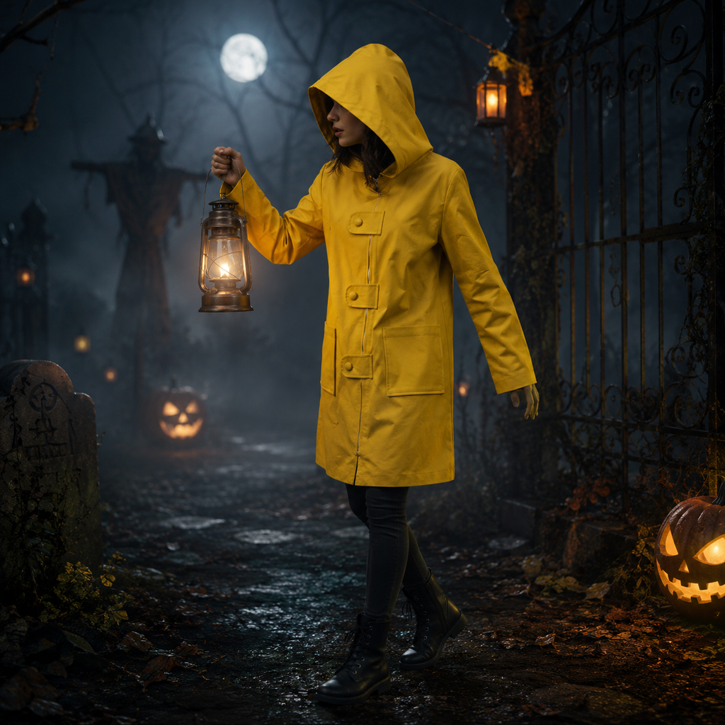 Halloween Cosplay Costume Yellow Raincoat Jacket with Oversized Pointed Hood and Front Zipper - Image 2