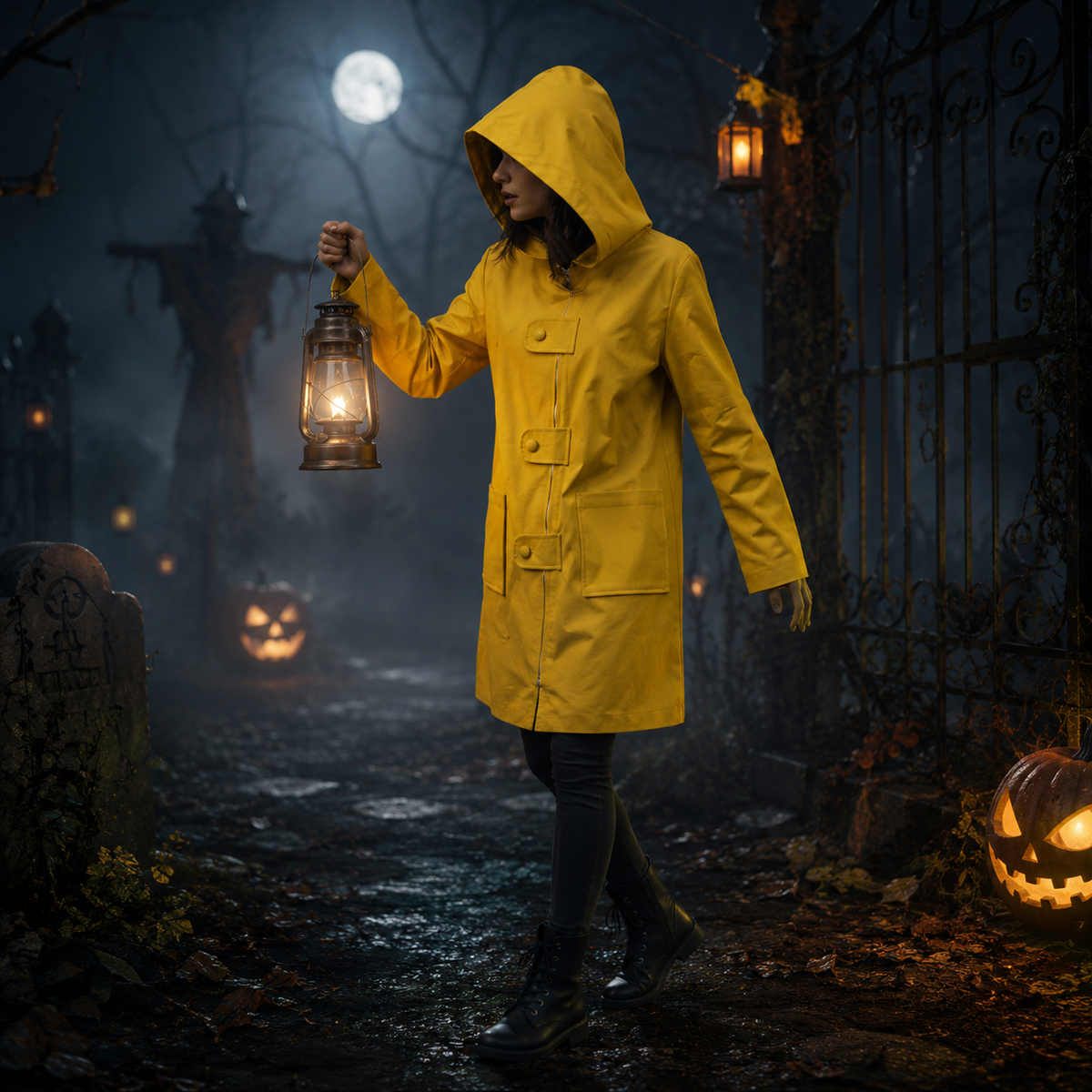 Halloween Cosplay Costume Yellow Raincoat Jacket with Oversized Pointed Hood and Front Zipper - Image 2