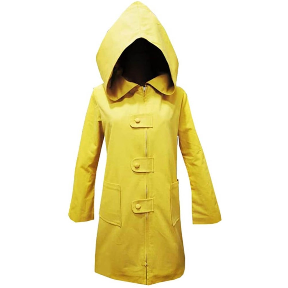 Halloween Cosplay Costume Yellow Raincoat Jacket with Oversized Pointed Hood and Front Zipper - Image 3