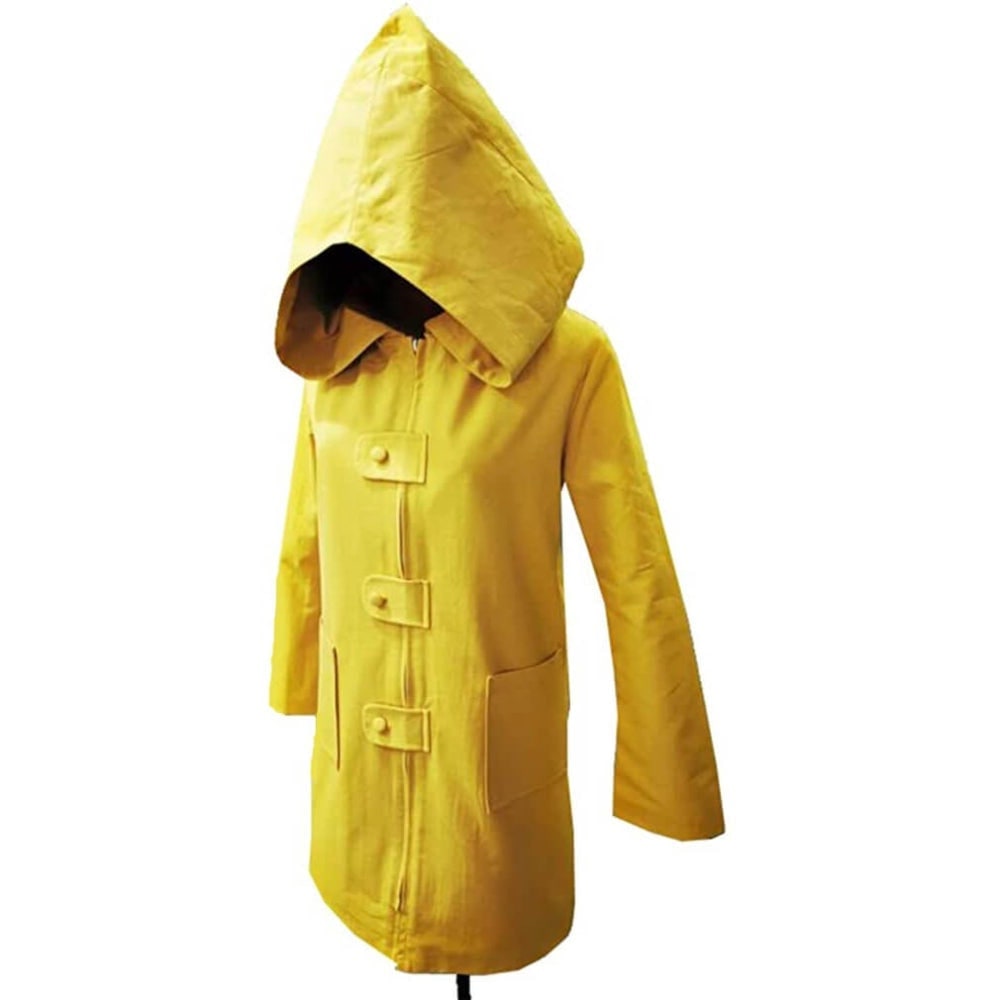 Halloween Cosplay Costume Yellow Raincoat Jacket with Oversized Pointed Hood and Front Zipper - Image 5