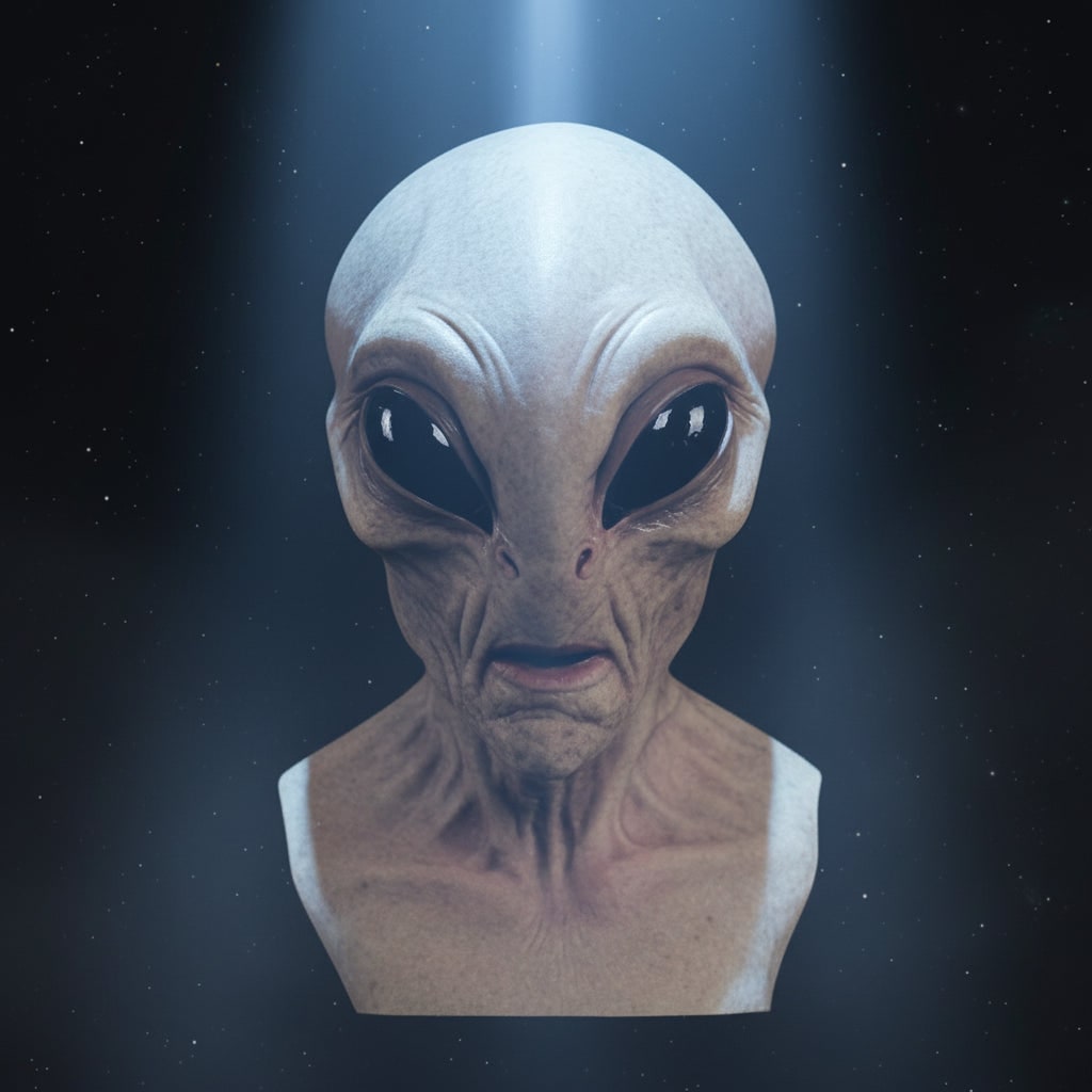 Halloween Creepy Alien Mask Full Head Latex with Glossy Black Eyes and Wrinkled Skin Texture - Image 1