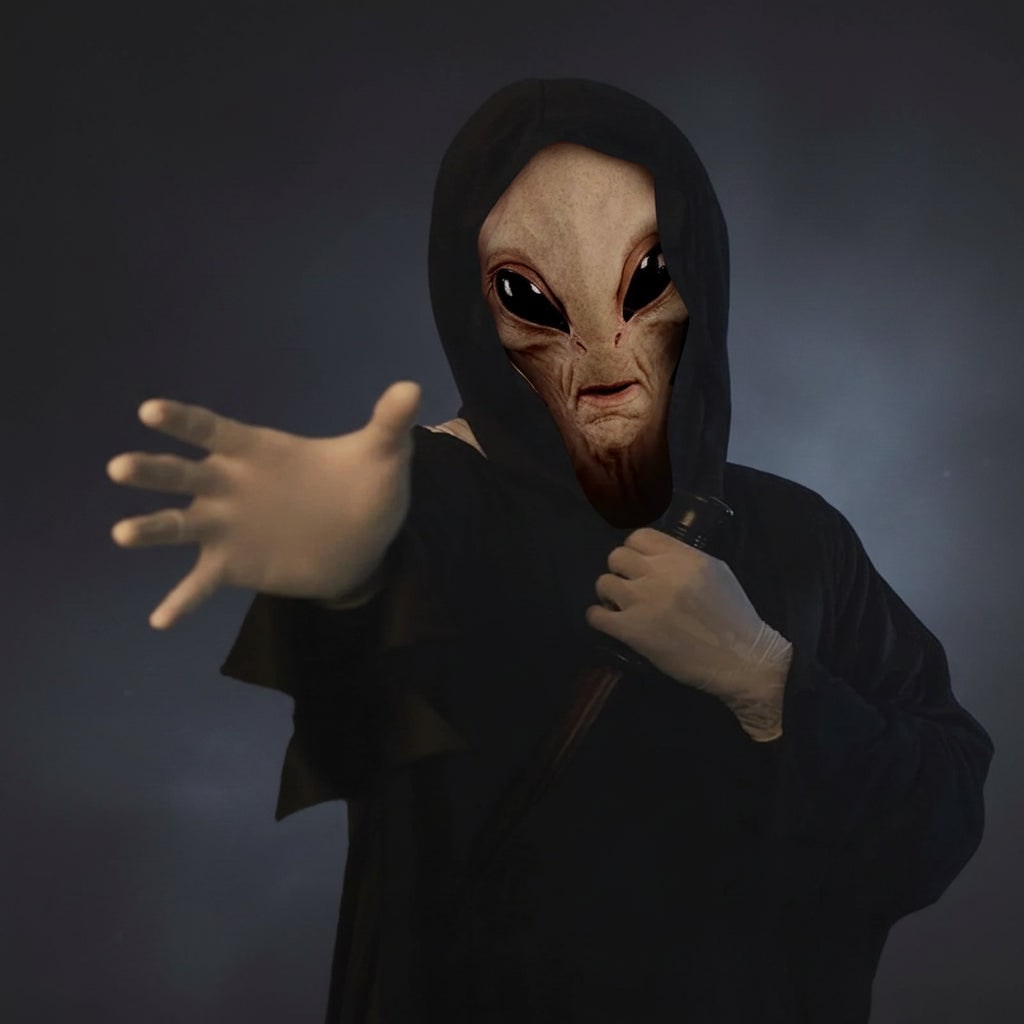 Halloween Creepy Alien Mask Full Head Latex with Glossy Black Eyes and Wrinkled Skin Texture - Image 4