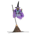 Halloween Flying Witch Decor Prop with Glowing LED Eyes and Broomstick Stand for Party Decorations - Image 1