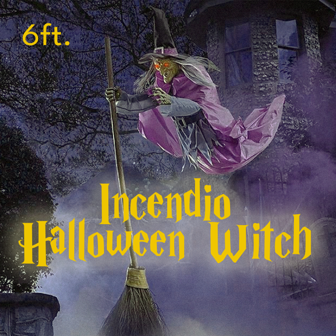 Halloween Flying Witch Decor Prop with Glowing LED Eyes and Broomstick Stand for Party Decorations - Image 2