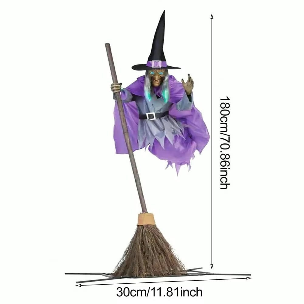 Halloween Flying Witch Decor Prop with Glowing LED Eyes and Broomstick Stand for Party Decorations - Image 6