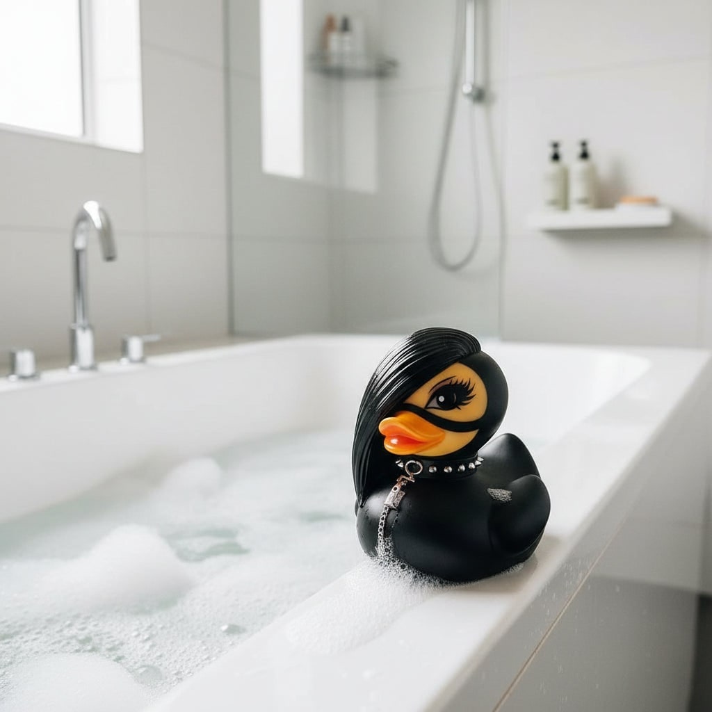 Halloween Goth Rubber Duckling Squishy Duck Decoration with Studded Collar and Chains - Image 1