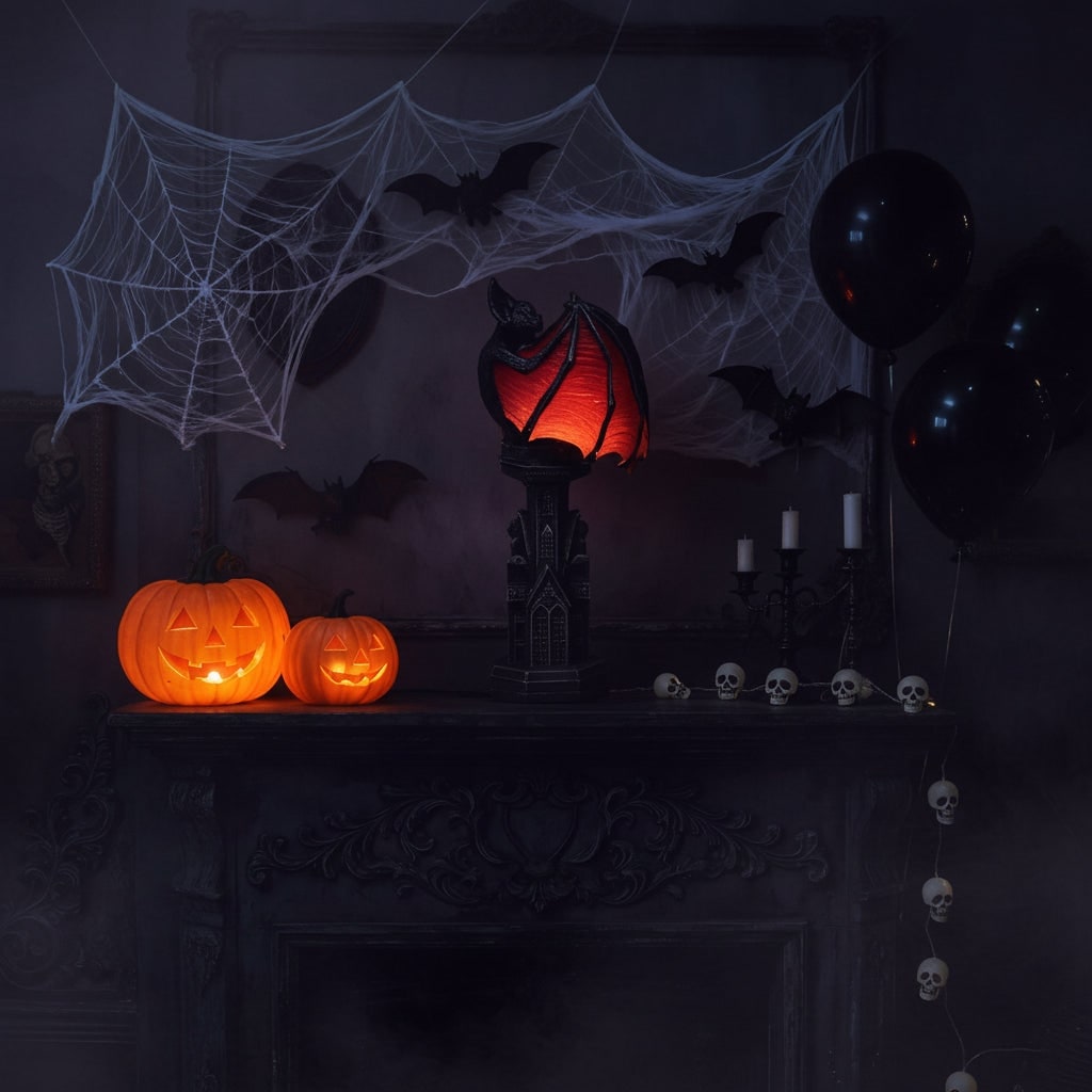 Halloween Gothic Table Lamp with Battery Powered LED Light and Translucent Red Bat Wings - Image 2