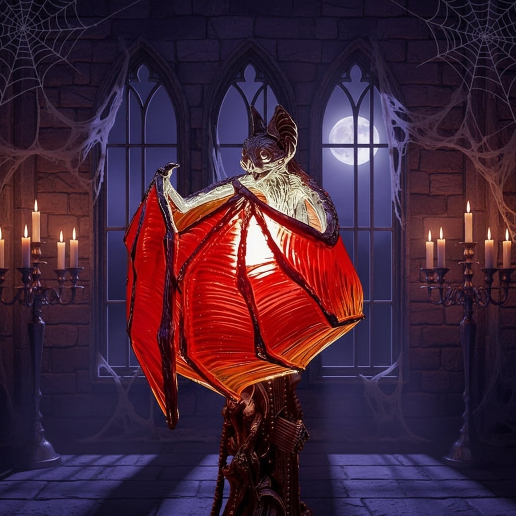 Halloween Gothic Table Lamp with Battery Powered LED Light and Translucent Red Bat Wings - Image 3