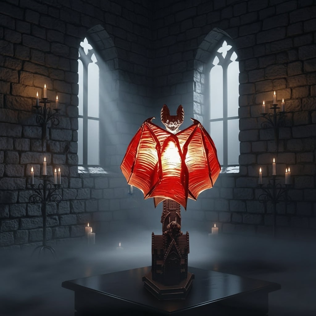 Halloween Gothic Table Lamp with Battery Powered LED Light and Translucent Red Bat Wings - Image 4