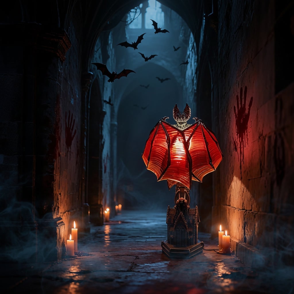 Halloween Gothic Table Lamp with Battery Powered LED Light and Translucent Red Bat Wings - Image 5
