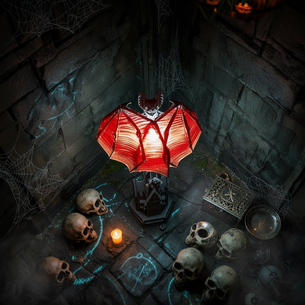 Halloween Gothic Table Lamp with Battery Powered LED Light and Translucent Red Bat Wings - Image 6