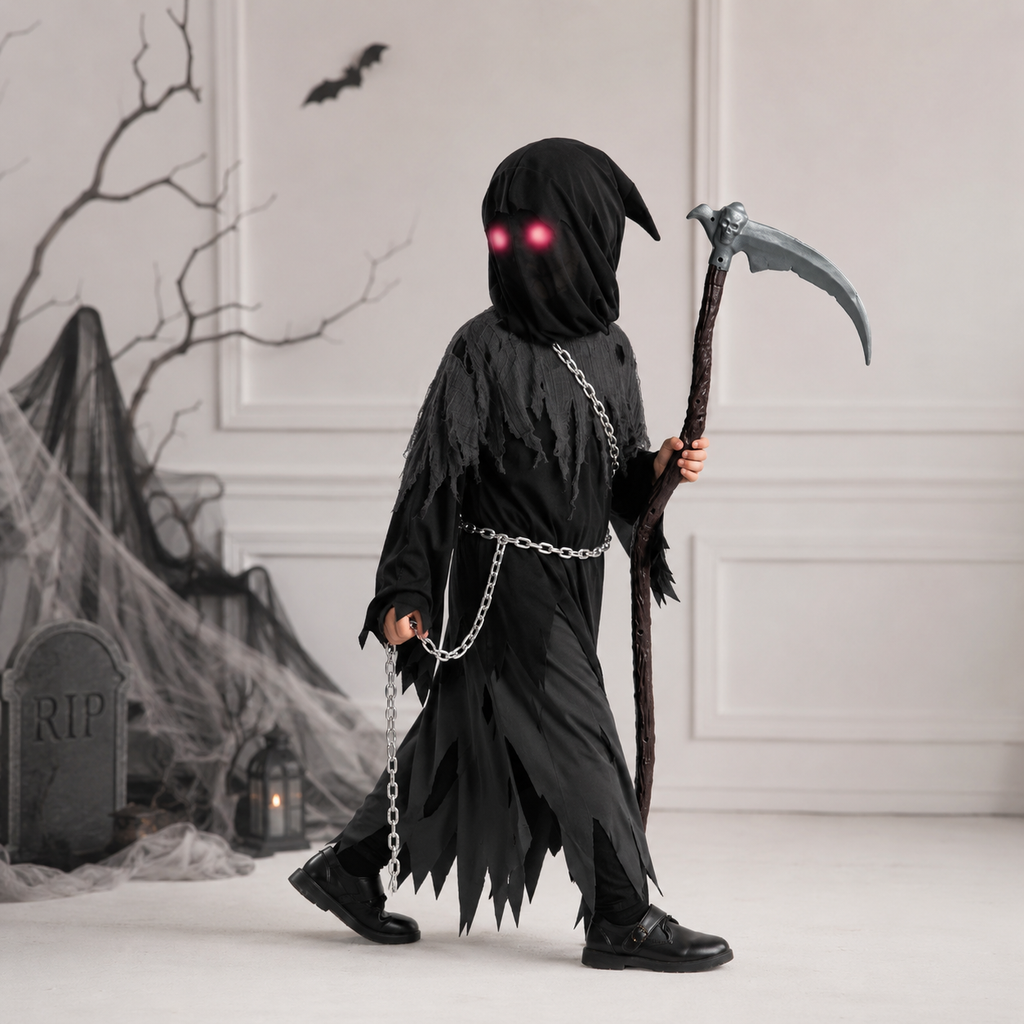 Halloween Grim Reaper Costume with Glowing Glasses and Toy Scythe for Kids - Image 1