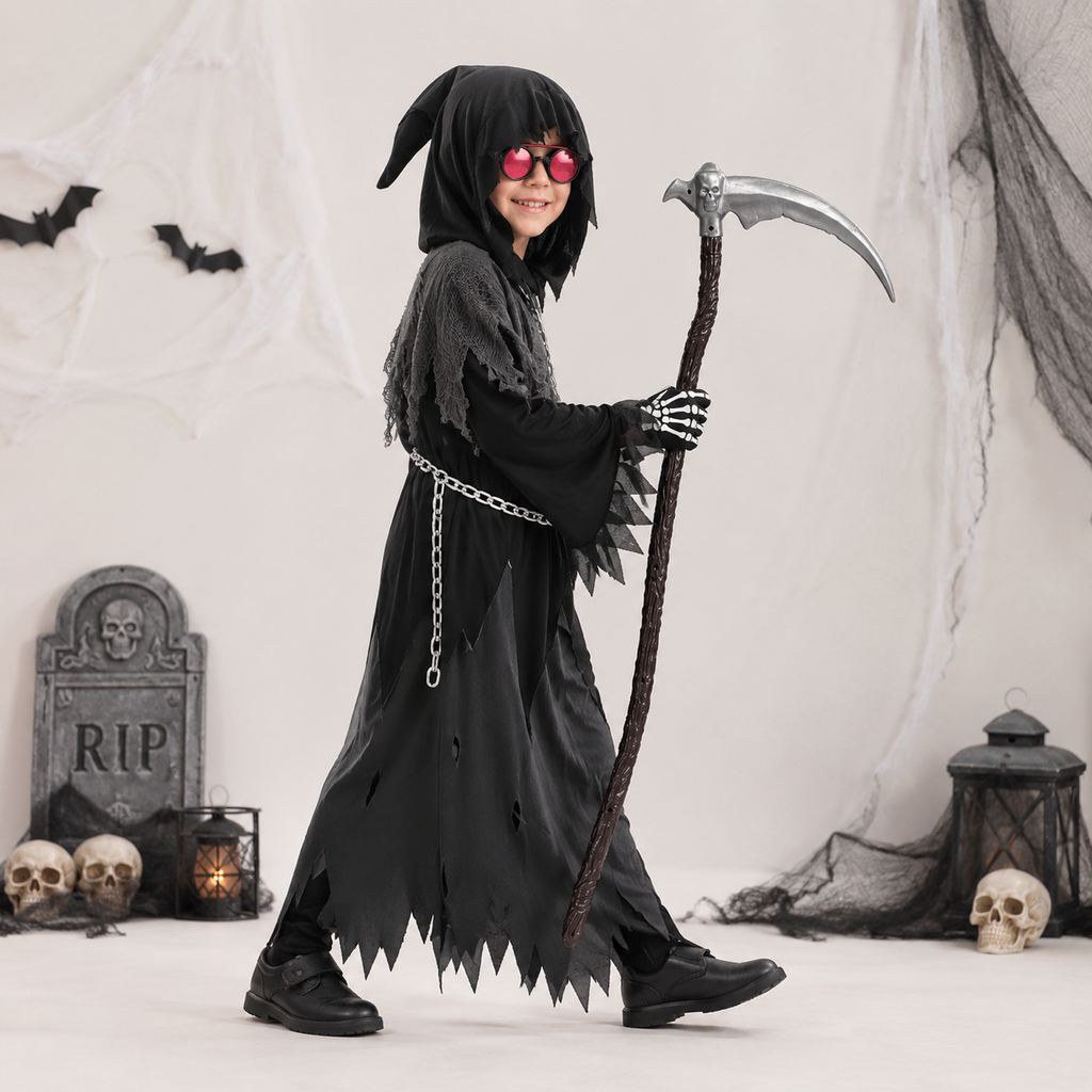 Halloween Grim Reaper Costume with Glowing Glasses and Toy Scythe for Kids - Image 2